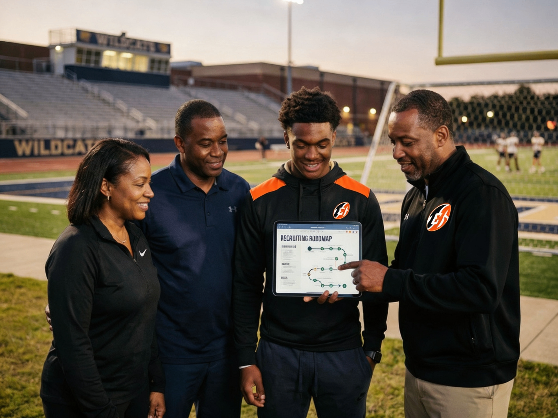 A family reviews their athlete's recruiting roadmap with a 1st & Goal coach on the field